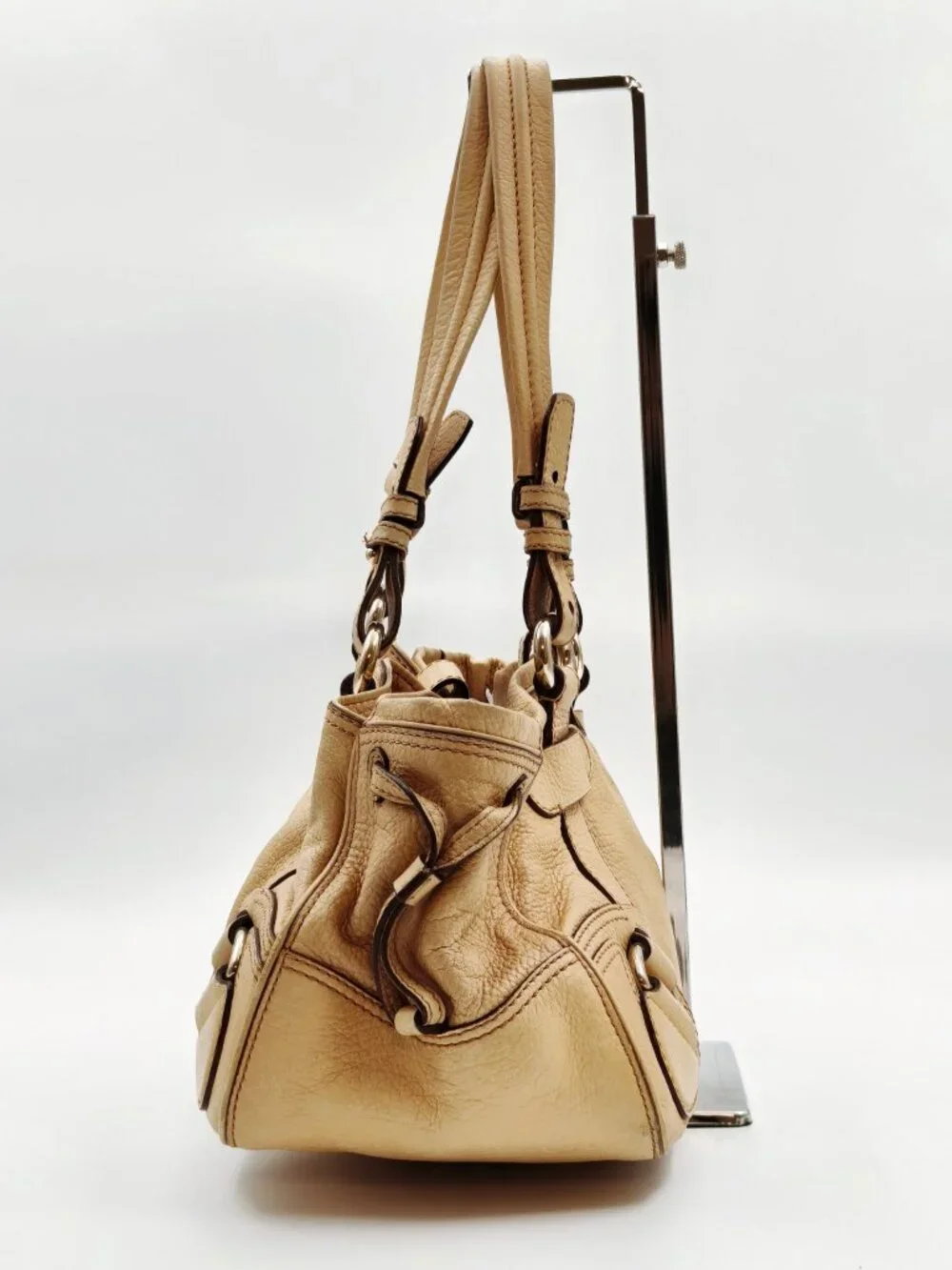 Celine Boogie Bag Beige Grained Leather Shoulder Tote Satchel Silver Hardware